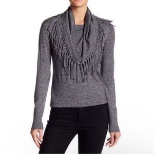 Chelsea & Theodore Brown Long Sleeve Cowl and Fringe Detailed Neckline Sweater M